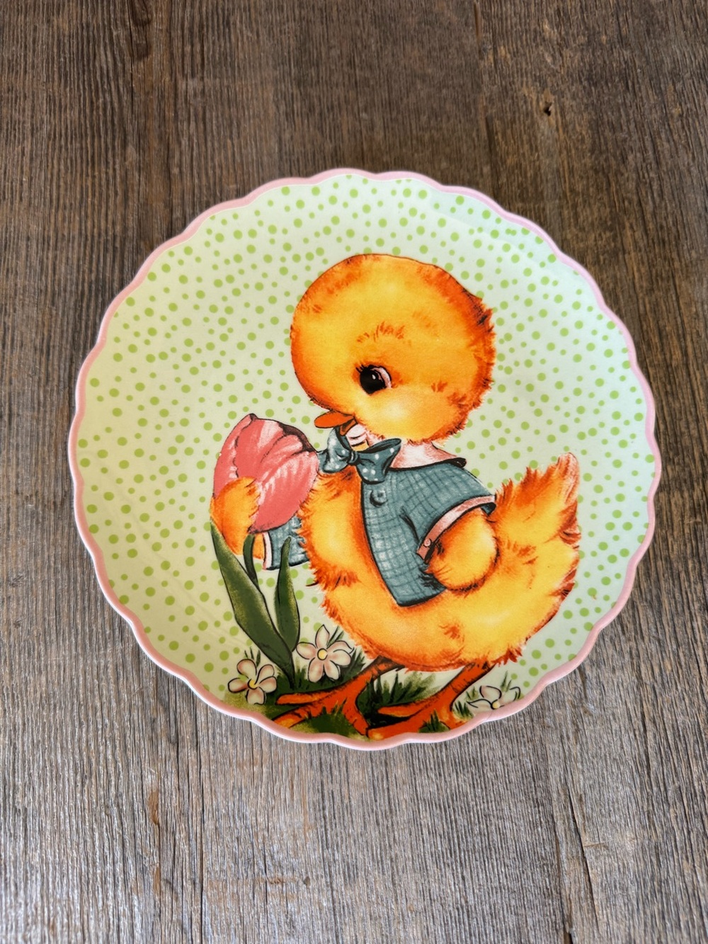 Vintage inspired bunny 8-inch ceramic plate featuring a retro chick